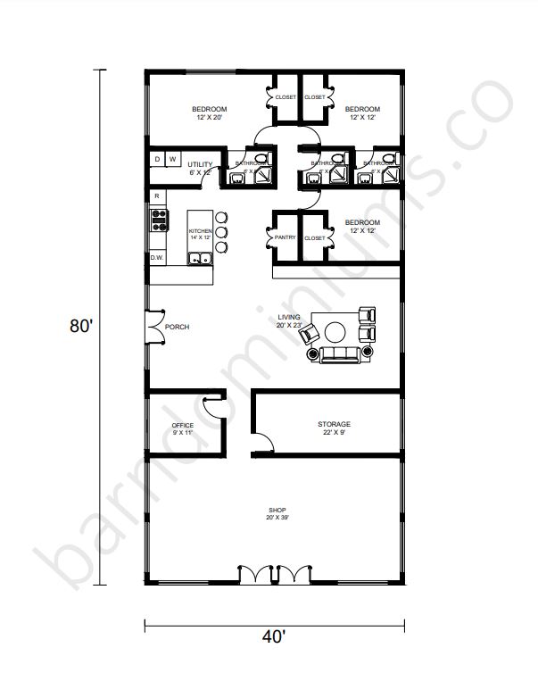 40x80 Barndominium Floor Plans with Shops - Floor Plan 1