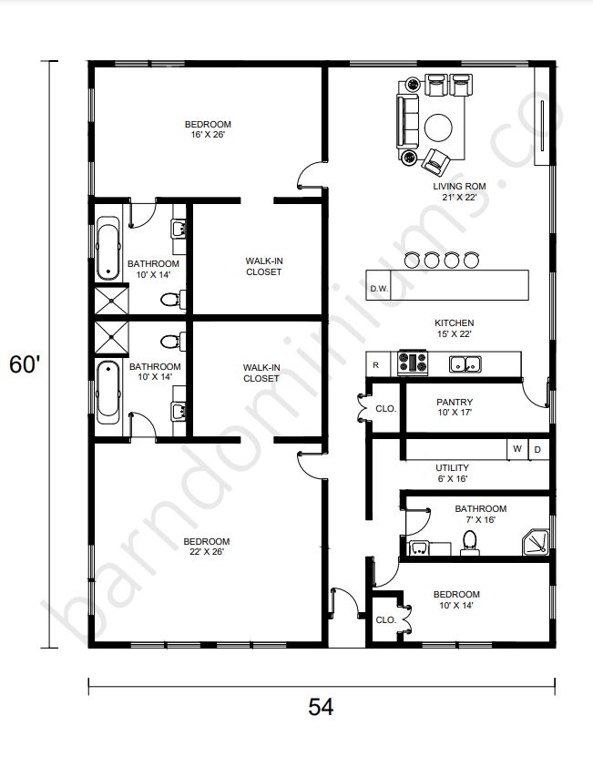 Barndominium Floor Plans with Two Master Suites - Floor Plan 1