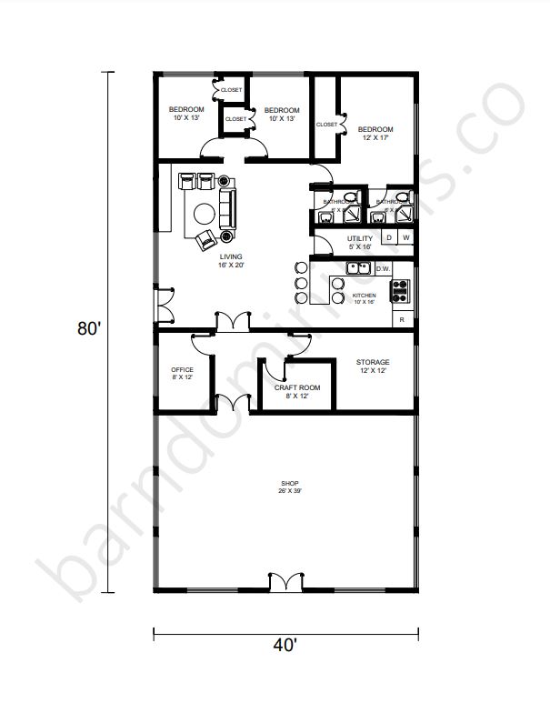 40x80 Barndominium Floor Plans with Shops - Floor Plan 2