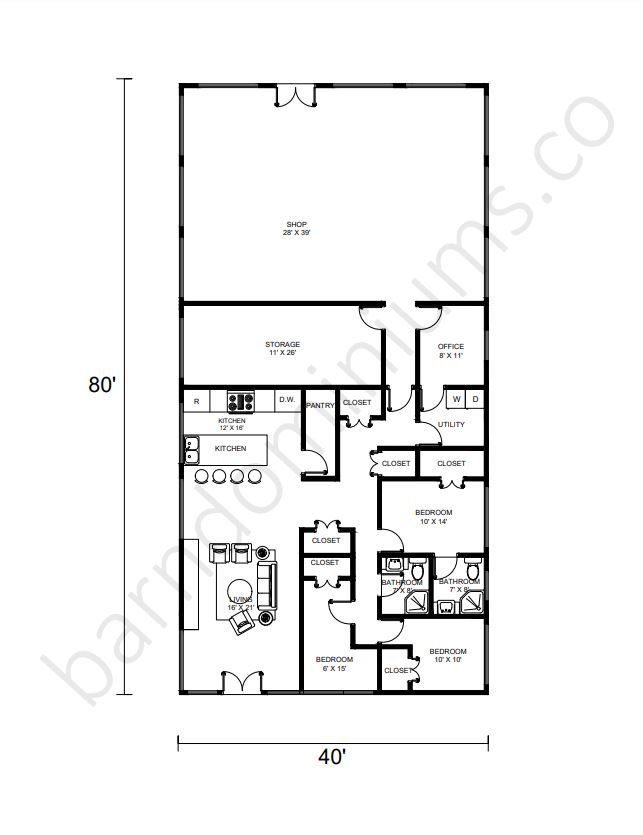 40x80 Barndominium Floor Plans with Shops - Floor Plan 3