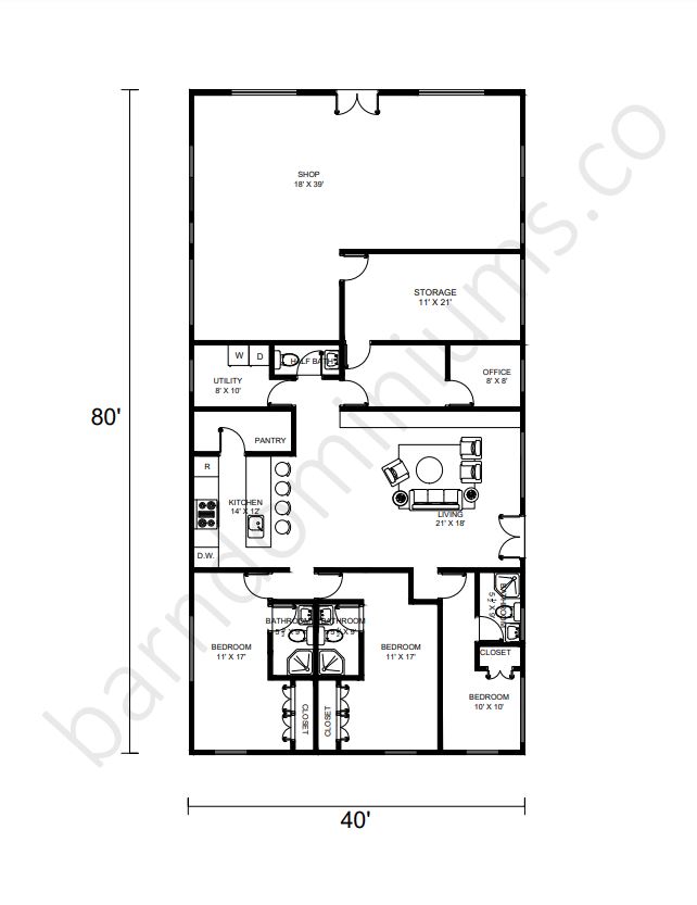 40x80 Barndominium Floor Plans with Shops - Floor Plan 4