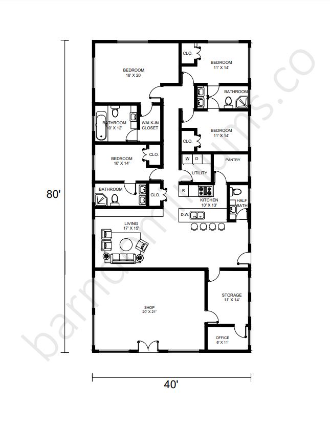 40x80 Barndominium Floor Plans with Shops - Floor Plan 6