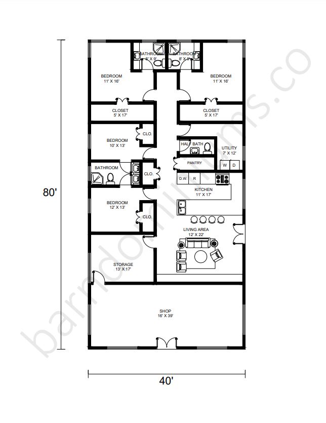 40x80 Barndominium Floor Plans with Shops - Floor Plan 7
