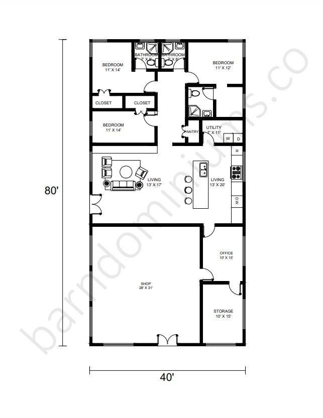 40x80 Barndominium Floor Plans with Shops - Floor Plan 8