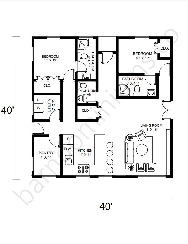 40x40 Barndominium Floor Plans - 1